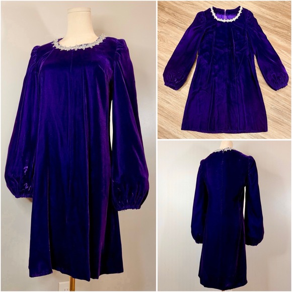 Dresses & Skirts - Vintage 1960s Purple Velvet Renaissance Revival Mini Dress Mod Gogo Medieval